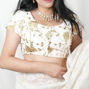 Brand new Indian Pakistani metallic White & Gold heavy embroidered Blouse